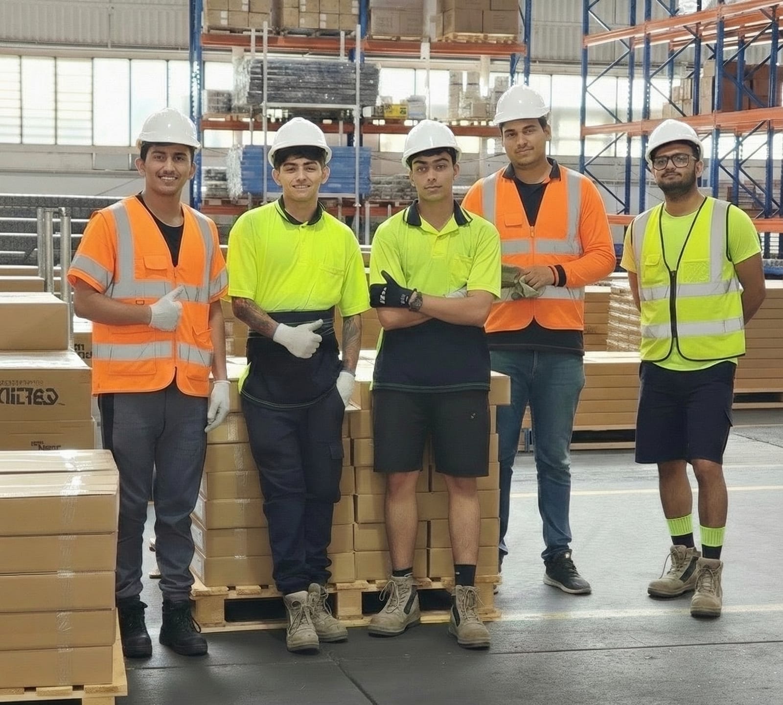 A Calima crew of five in hard hats and hi-vis, ready for a shift in a client warehouse